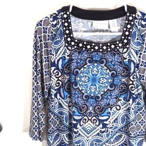 Alfred dunner Size P Small Black/Blue/ White jersey knit, Square neck